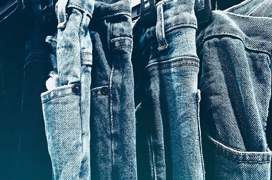 azul, jeans, close-up, enforcamento, calças, desgaste, homem, mulher, moda, quadro completo