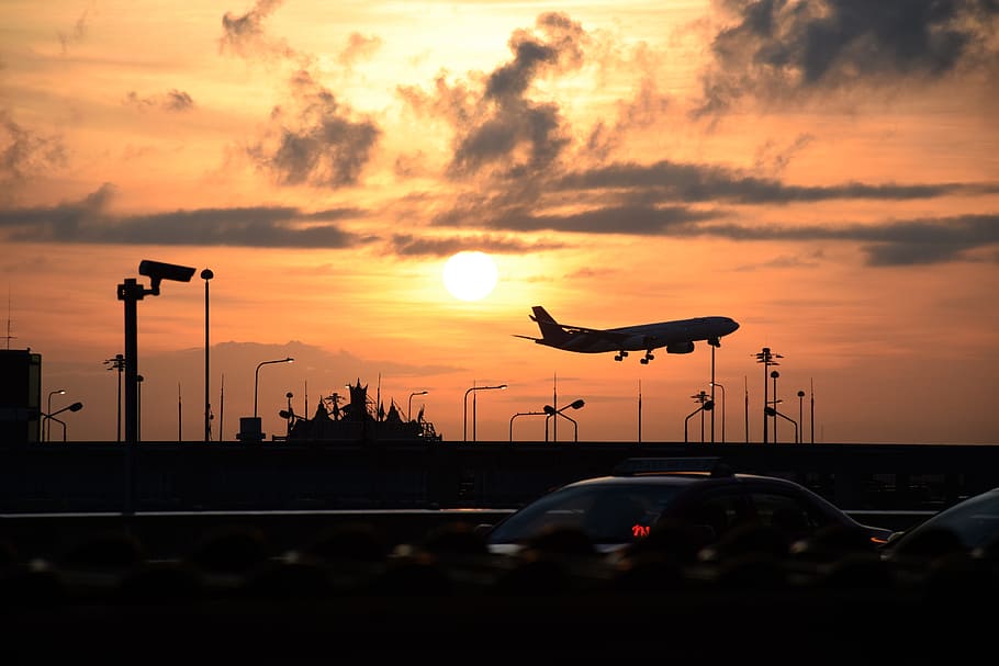 Airport, Airplane, Sun, Orange, sky, cloud, dawn, sunrise, sunset, dusk