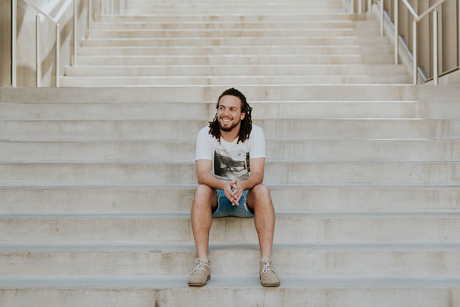 stairs, stairway, people, guy, man, sitting, alone, smile, staircase, one person