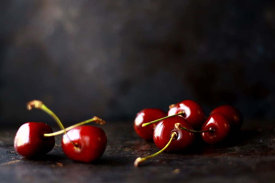 red cherries, still, life, photography, cherry, fruits, black, background, food, juice