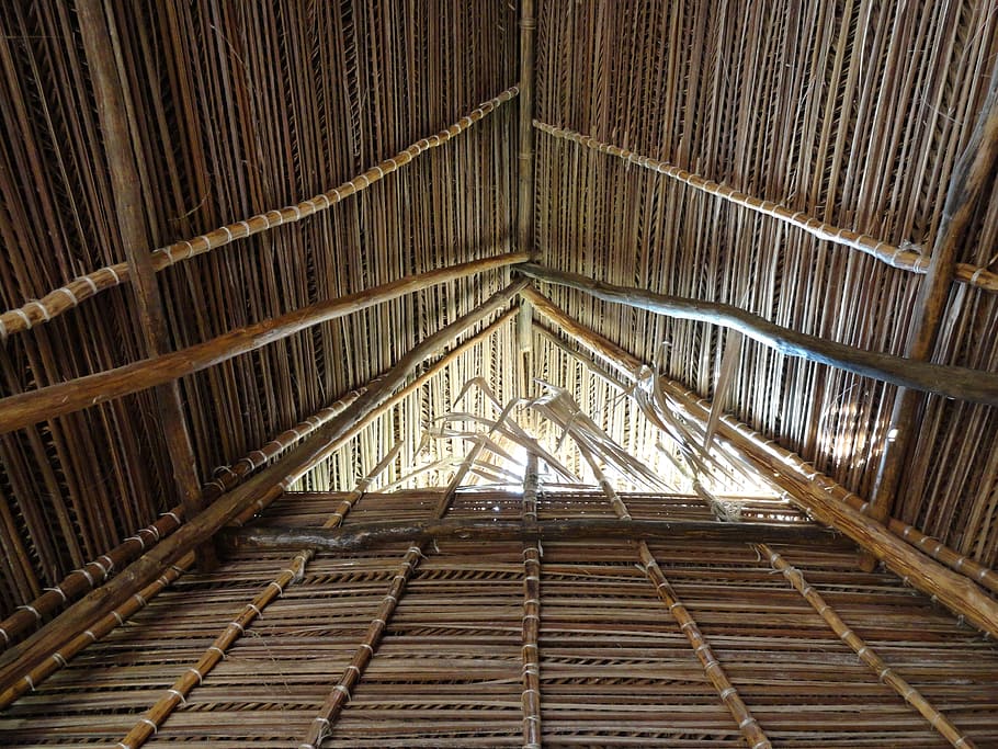 Thatch Roof, Ceiling, Cabana, Hut, rustic, wood, indoors, architecture, built structure, straight
