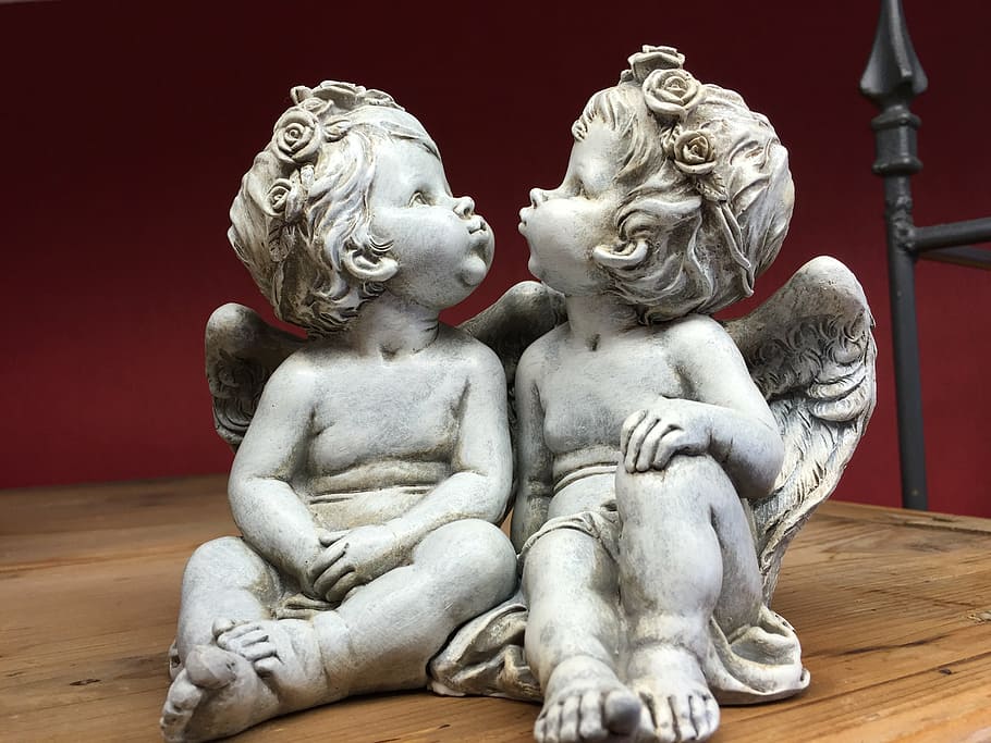 two, cherub, kissing, concrete, statuette, wooden, surface, angels, sculpture, statue