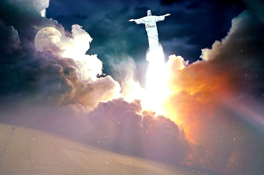 clouds, sunrise, christ the redeemer statue, harmony, faith, hope, rocket, space, universe, cosmos