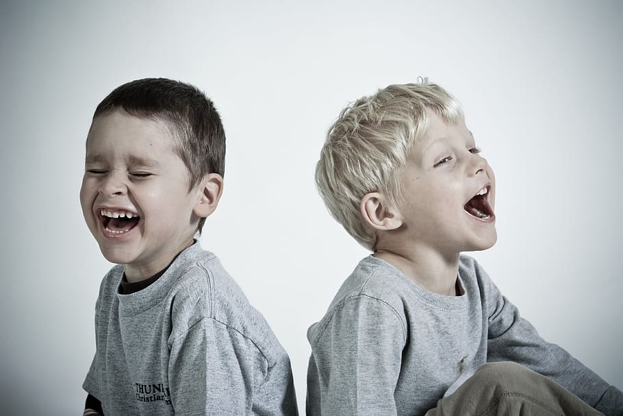 photography, two, children, wearing, heather, gray, shirts, laughing, happy, kids