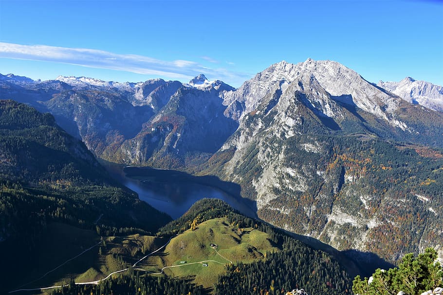 königssee, watzmann, jenner, berchtesgaden, parque nacional, alpino, paisaje, panorama, alta baviera, cielo