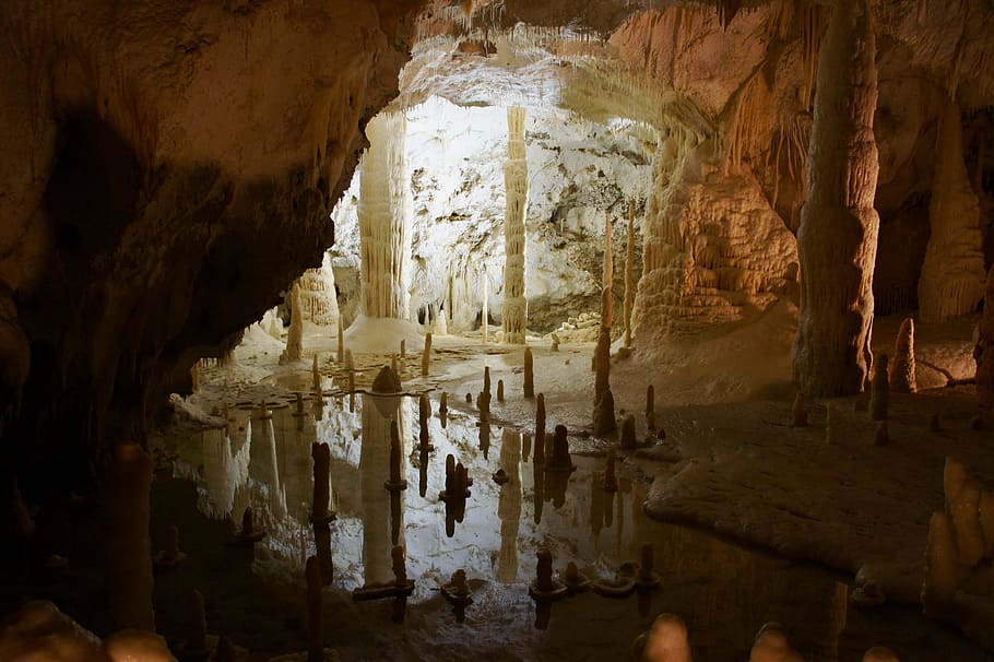 water inside cave, cave, frasassi, stalactite cave, stalactite, stalactites, grotto, cave exploration, mysterious, nature