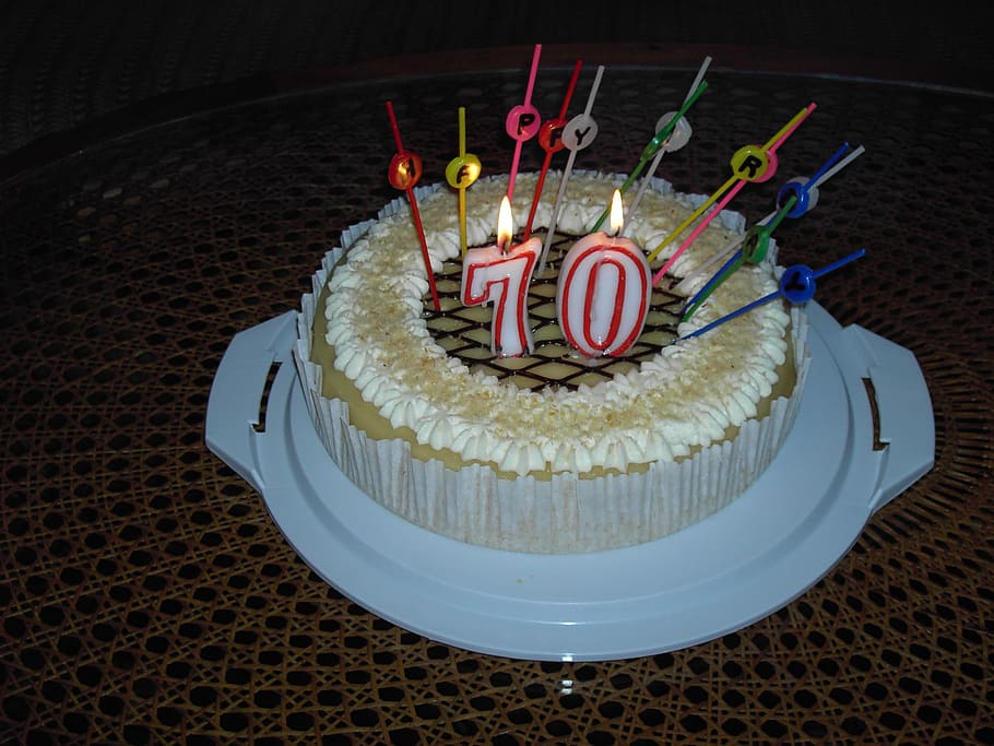 Bolo, Aniversário, Comer, Assar, 70, feliz aniversário, bolo de aniversário, vela, prato doce, doce