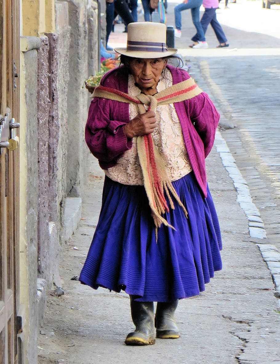 woman, wearing, blue, skirt, ecuador, cuenca, peasant, ethnic, traditional costume, one person