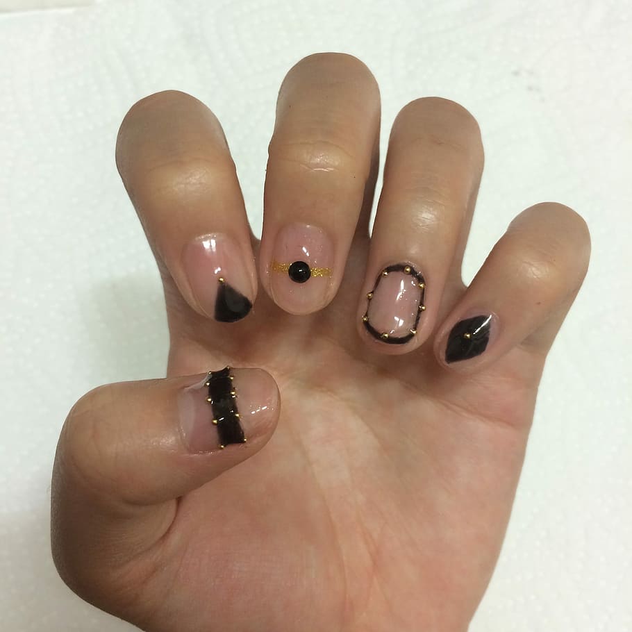 black nail art, Nail Art, Gel, Bohemian, gel nail, bohemian nail, hollow nail, human body part, one person, only women