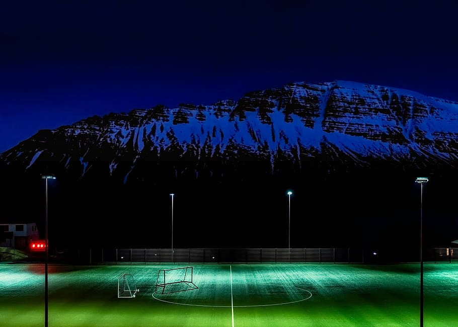 Night, Evening, Athletic Field, Nets, mountain, snow, winter, lights, glow, forest