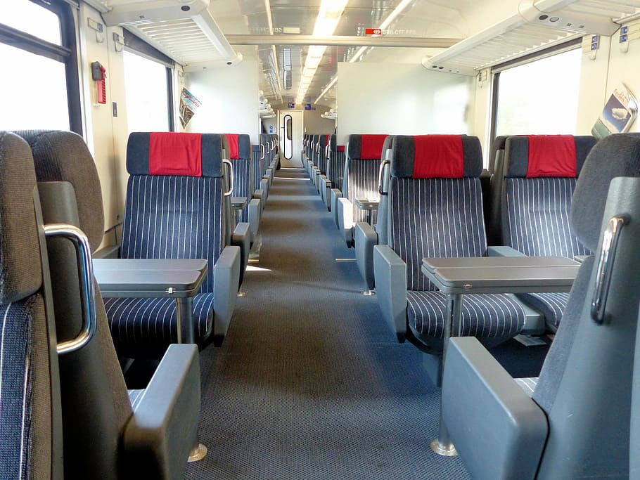 tren, asientos, compartimento, Asiento, asiento del vehículo, interior del vehículo, vacío, transporte público, en una fila, viaje