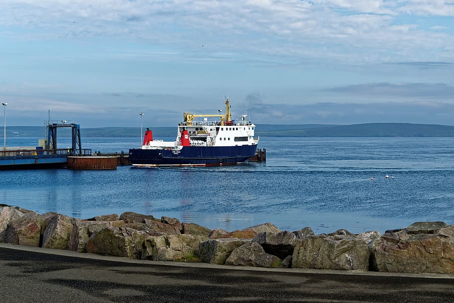 ferry, ferry port, loth, orkney, sanday, port, sea, water, harbor, travel