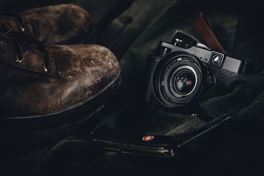 bridge camera, pair, brown, leather round-toe boots, lifestyle, travel, shoes, boots, camera, photography