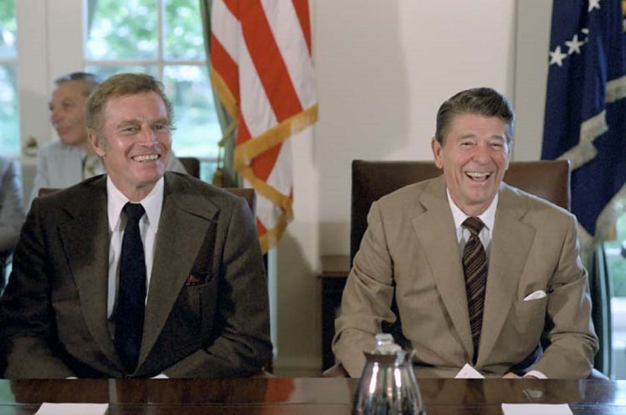 ronald reagan, charlton heston, 40th president, actor, presidential task force, white house cabinet room, 1981, president, united states, usa