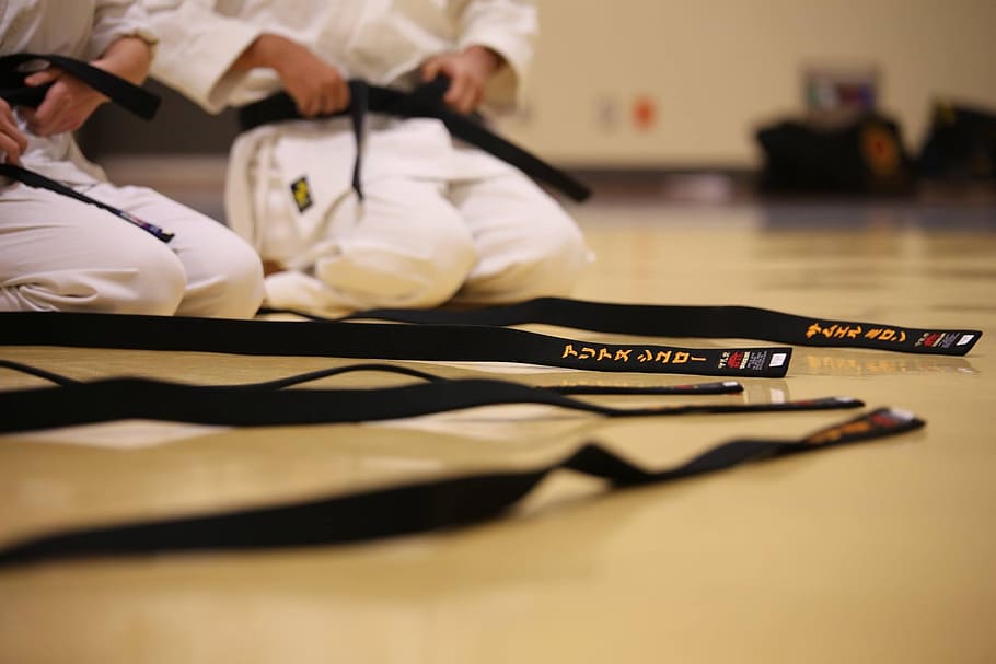 shallow, focus photography gi bely, black belt, karate, traditional, passage, people, indoors, text, flooring