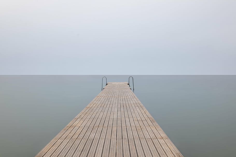 brown, wooden, dock, blue, sky, daytime, sea, ocean, water, horizon