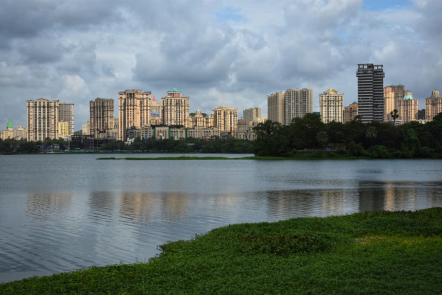 lakeside, mumbai, cityscape, building exterior, architecture, built structure, water, cloud - sky, city, building