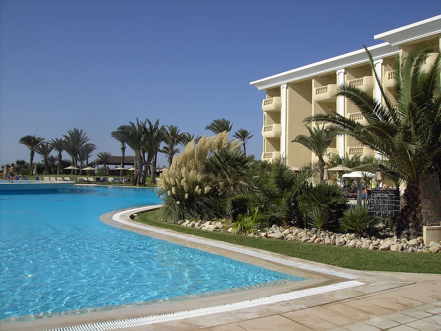 hotel, vacations, pool, water tunisia, recovery, building, hotel complex, sky, blue, holiday complex
