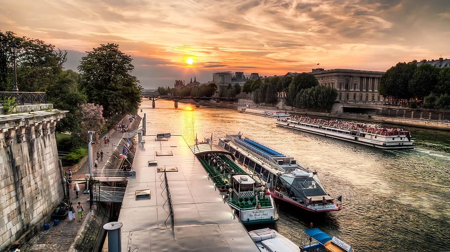 boats, river, trees, sunset, paris, seine river, sky, colorful, twilight, dusk