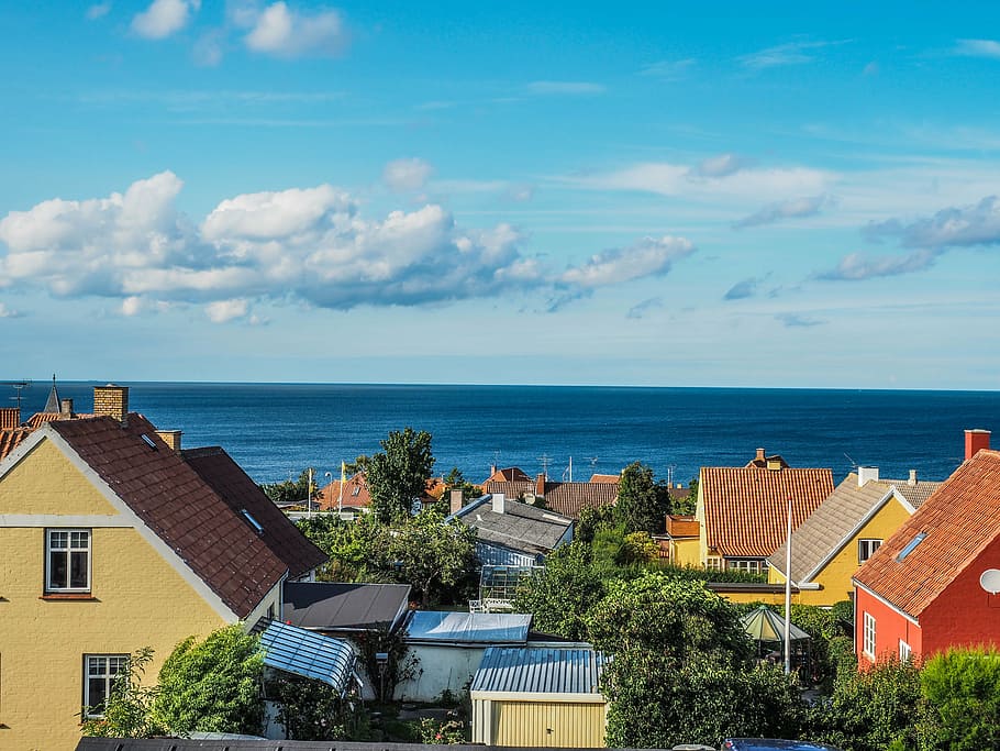 Dinamarca, Europa, Bornholms, mar, tejados, arquitectura, exterior del edificio, estructura construida, agua, cielo