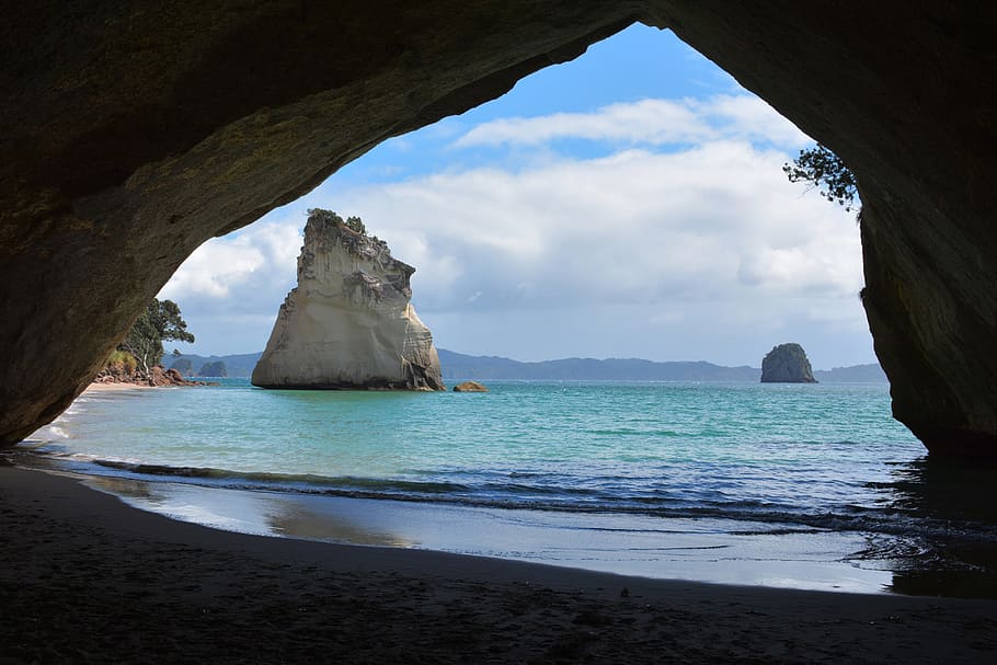 cave, seashore, blue, white, sky, cathedral cove, new zealand, sea, ocean, water