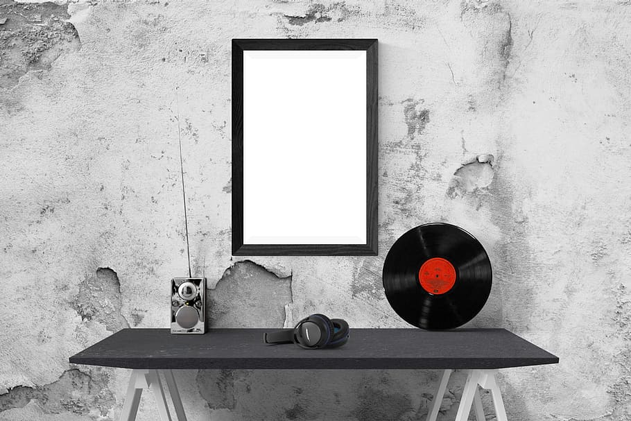black, wireless, headphones, table, vinyl disc, mirror, wall, poster, mockup, interior