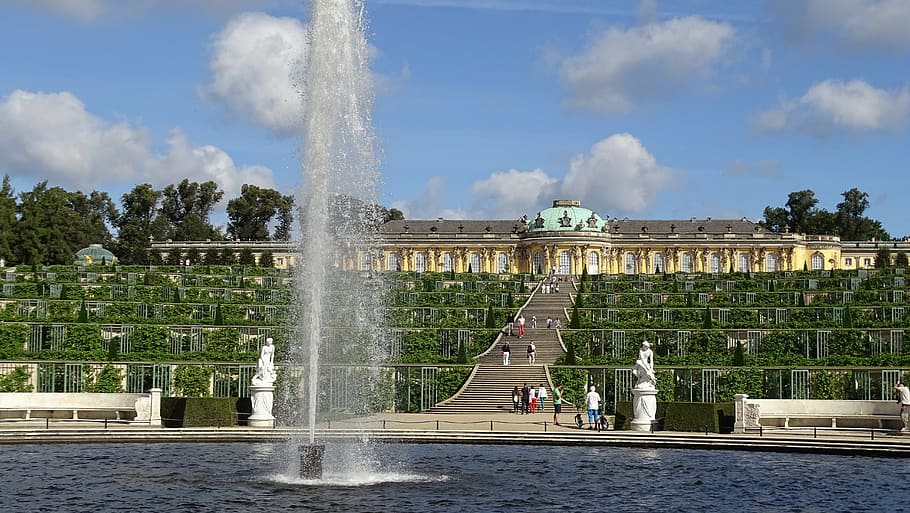 water fountain, daytime, potsdam, castle, places of interest, historically, building, germany, sanssouci, architecture