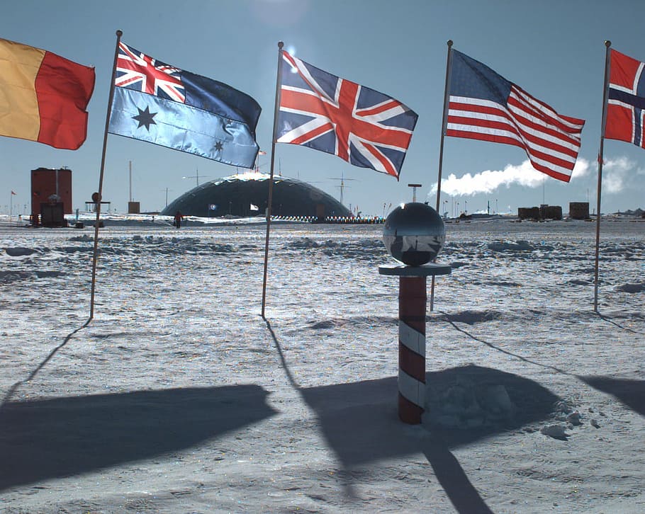 amundsen scott, south, pole station, Amundsen Scott South Pole Station, Antarctica, cold, flags, ice, public domain, snow