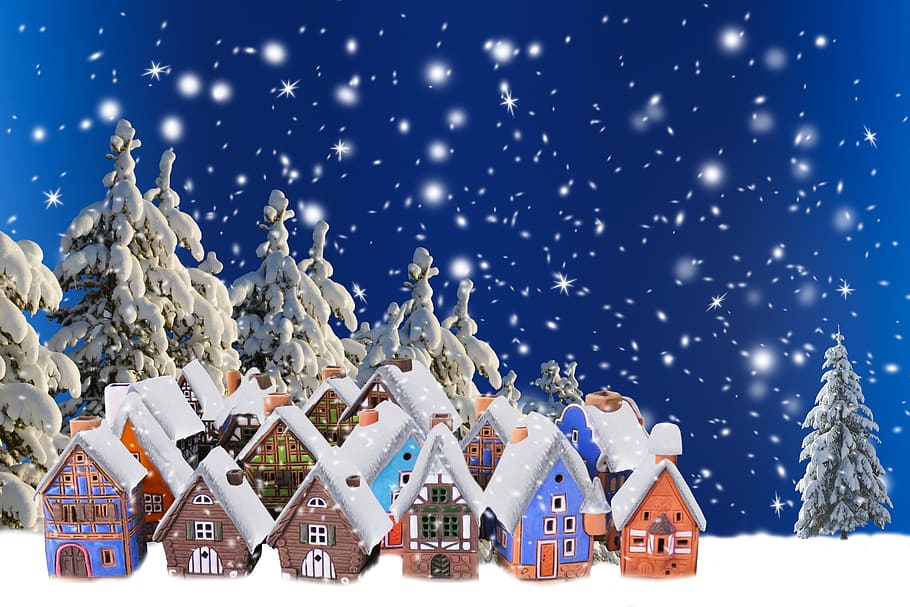 background, winter, season, snow, flake, forest, winter forest, village, houses, christmas time