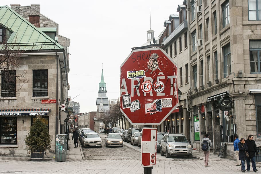 montreal, sinal de stop, vandalismo, grafite, cidade, pare, canadá, francês, centro da cidade, negócio