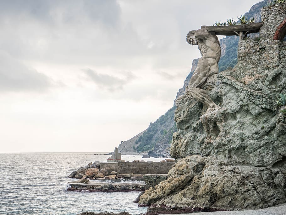 man, holding, bridge statue, cliff, body, water, cinque terre, italy, rock, carving