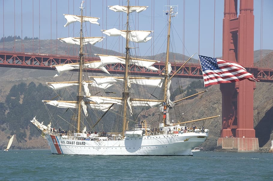 navio, cortador, três mastros, ponte golden gate, são francisco, califórnia, barca, vela cheia, água, guarda costeira