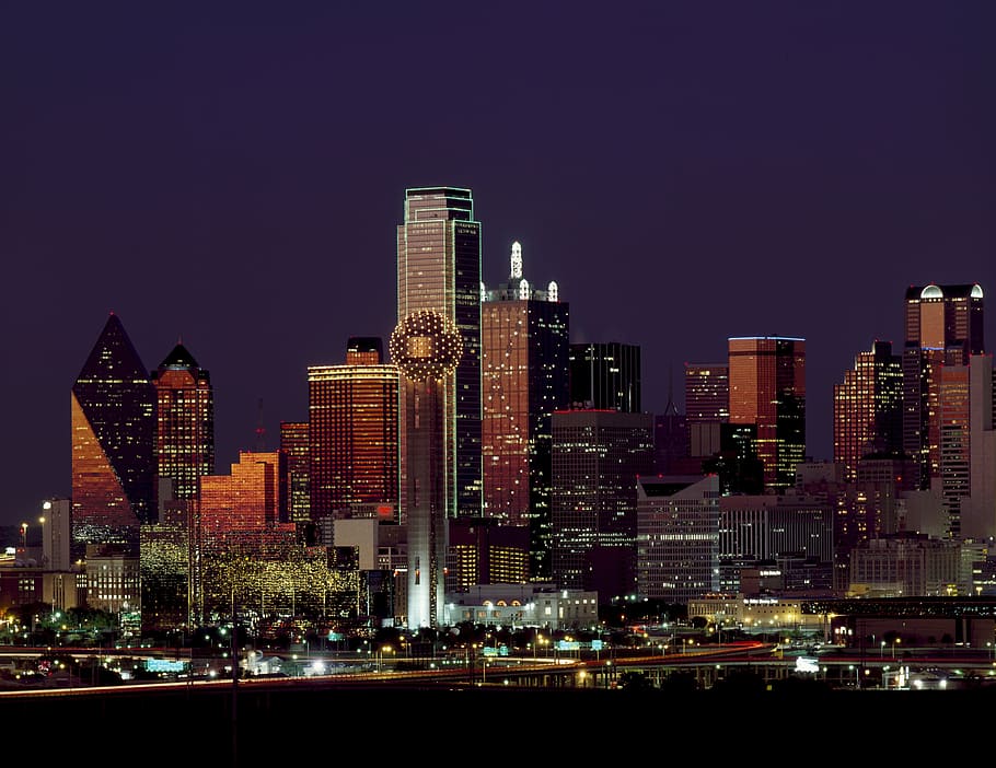 fotografi skyline kota, waktu malam, dallas, texas, skyline, senja, pencakar langit, perkotaan, cityscape, arsitektur