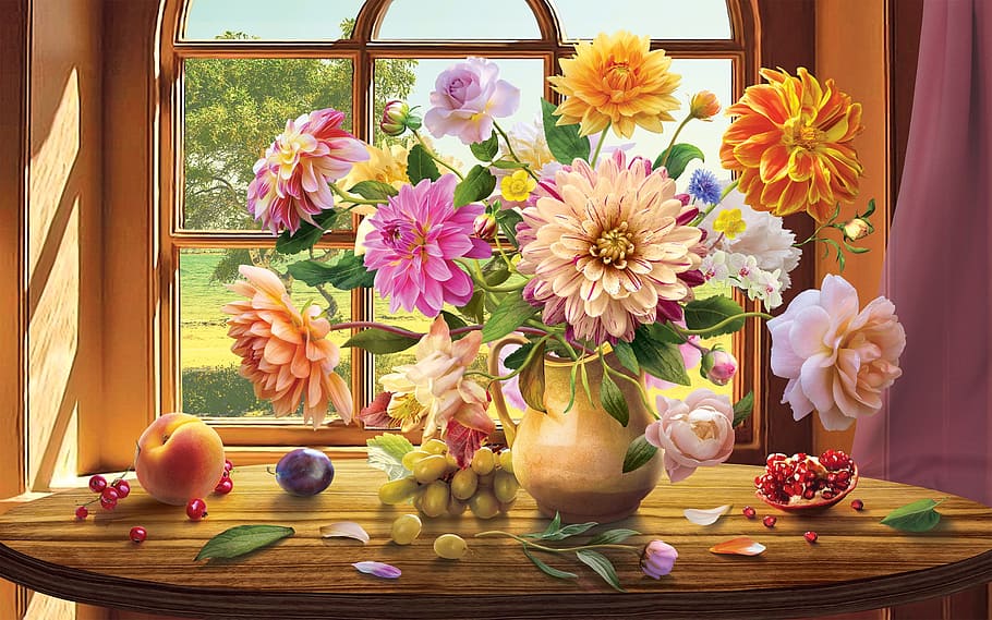 flores, florero, arriba, pintura de mesa, flor, ornamento, planta, mesa, ramo, peonía floral