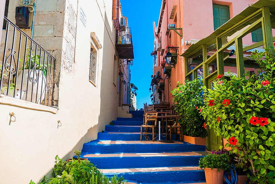 low-angle photo, concrete, stairs, building, crete, rethymno, the color stairs, monuments, architecture, building exterior