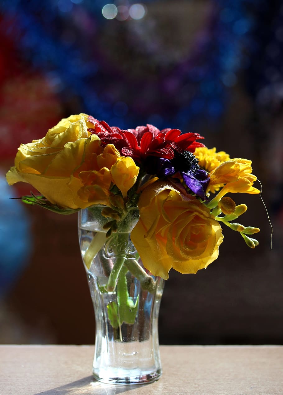 花束, 花, 黄色, ガラス, 装飾, 果物, 花瓶, テーブル, 人なし, クローズアップ