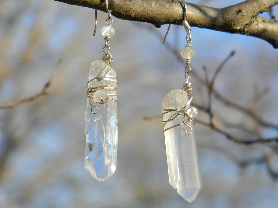quartz crystal hook earrings, attached, tree branch, Earrings, Clear, Quartz, Gemstone, clear quartz, jewelry, handmade