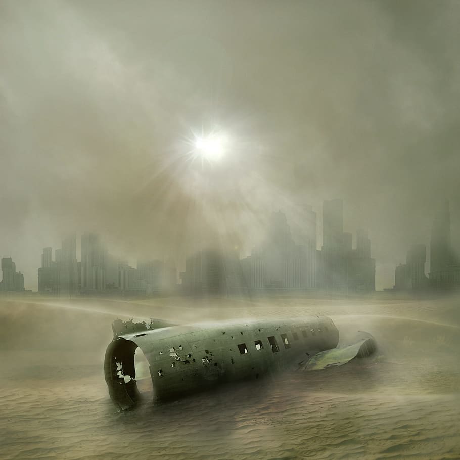 abandoned wrecked aircraft, end time, forward, war, bleak, fog, landscape, rain, sky, sun