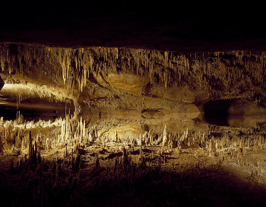 stalactites, stalagmites formation, cavern, speleothems, cave, underground, light, nature, geology, natural