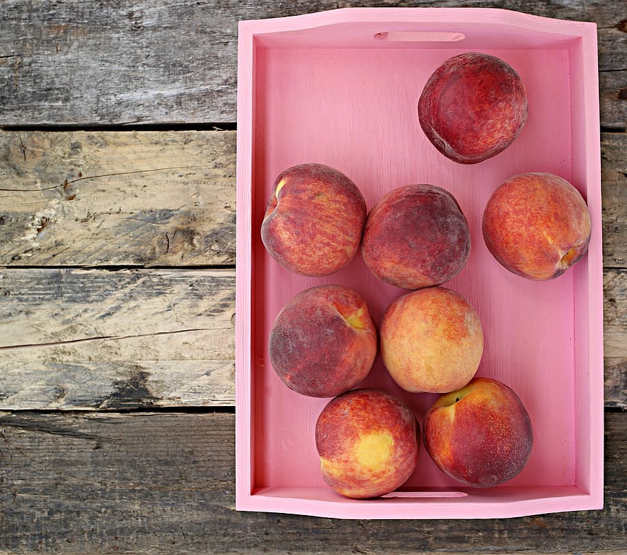 red, apple fruits, tray, peach, nectarine, view swerhun, wood, food, fruit, healthy