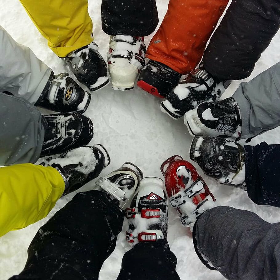 ski, snow, boot, boots reunited, ski boots, circle, human body part, high angle view, healthcare and medicine, people