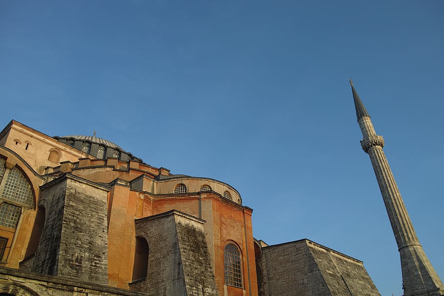 hagia sophia, church, blue, cami, minaret, islam, architecture, religion, the minarets, city