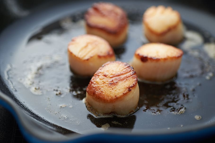 scallops, seafood, cooking, fresh, hot, pan fried, crust, food, closeup, cooked