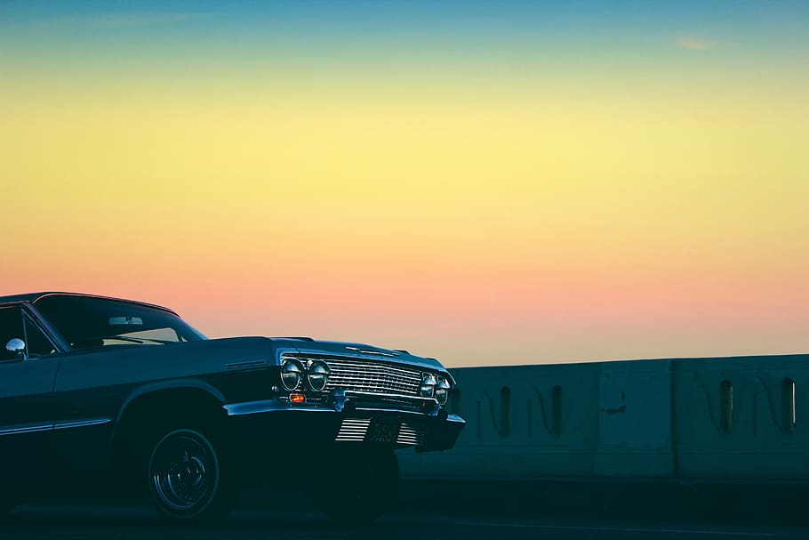 blue, car, calm, sky, golden, hour, sunset, dusk, yellow, automotive