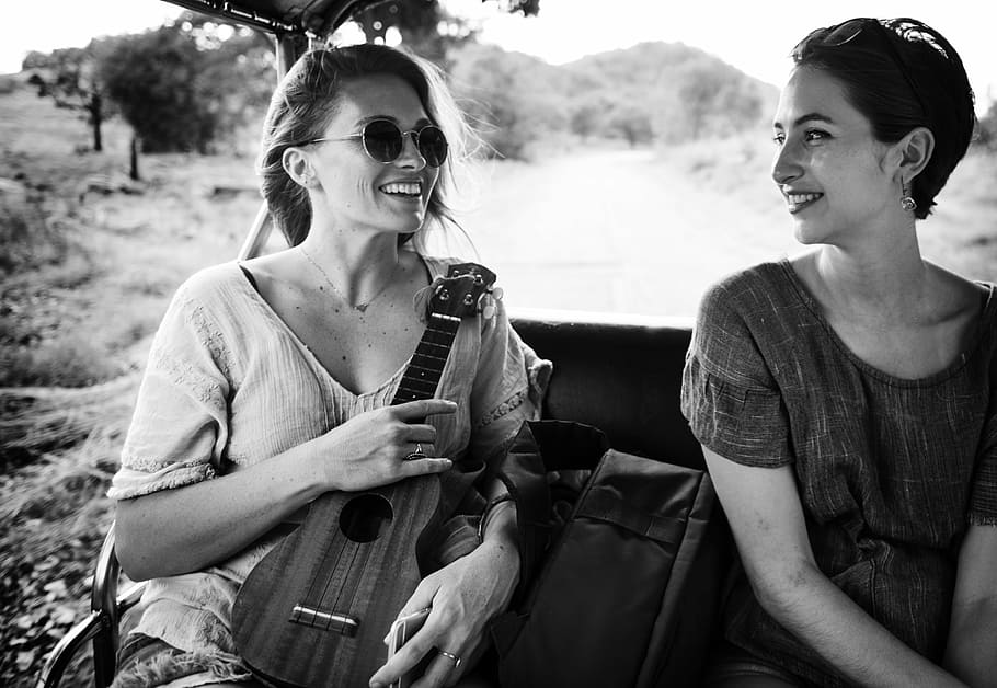 two, women, sitting, car, field, day, dom, relax, tranquil scene, travel