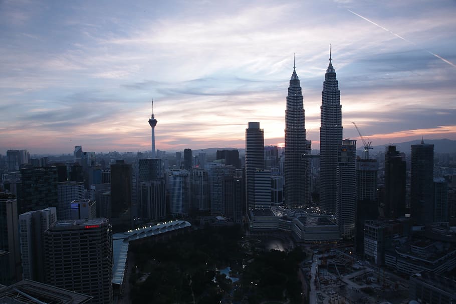 航空写真, 都市景観, 灰色, 空, クアラルンプール, マレーシア, ツインタワー, ランドマーク, 観光, 風景