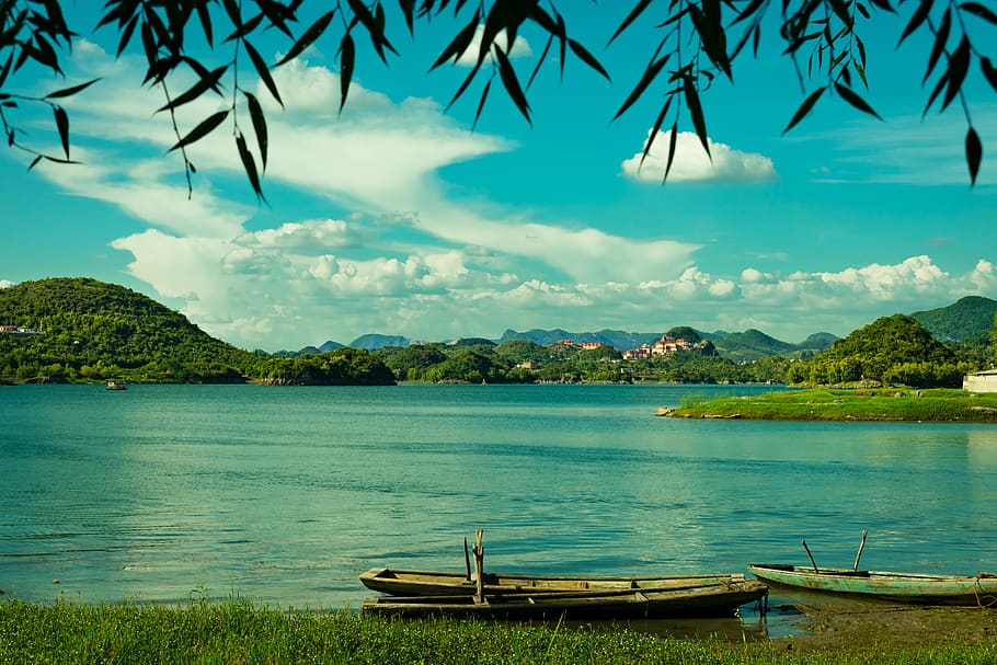 classical, scenery, lake, boat, guizhou, guiyang, qing town, flowers lake, cloud, water