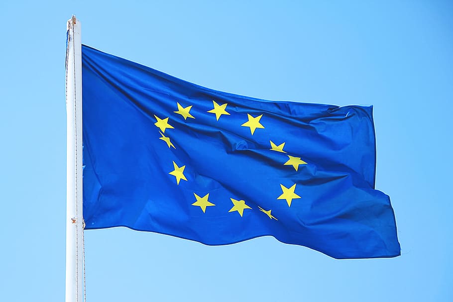 Bandeira, União Europeia, vários, Europa, bandeiras, símbolo, azul, vento, patriotismo, têxtil