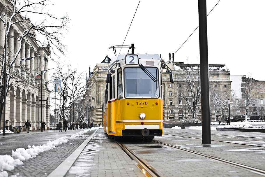 yellow, city, tram, cold, snow, transport, pole, building, electric, vintage