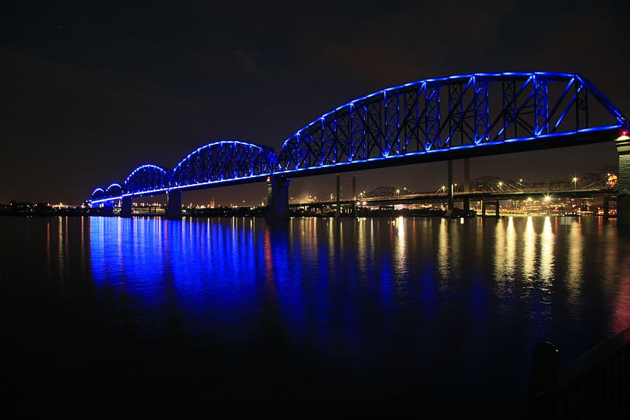 bridge, blue, lights, night, louisville, kentucky, river, suspension, architecture, water